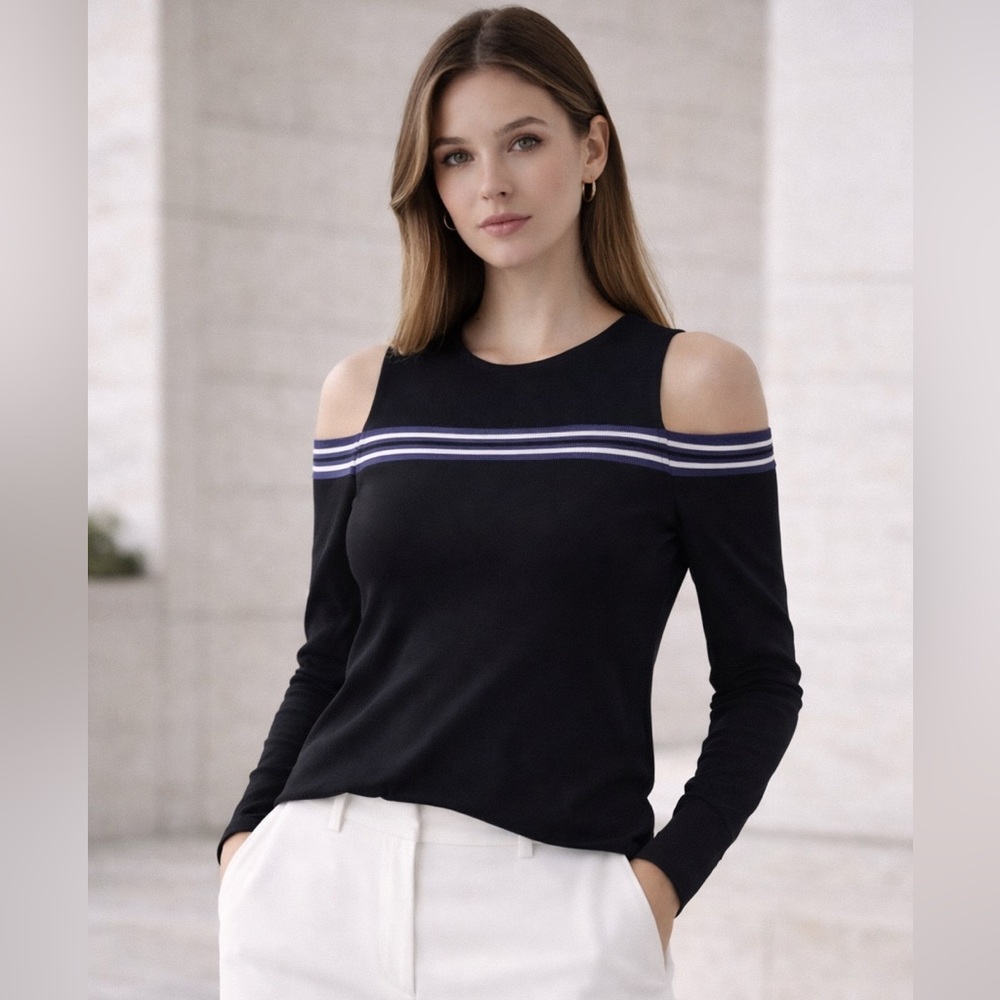 Karen Millen Cold Shoulder EUC Top Black Striped Slim Fit Long Sleeve US 10